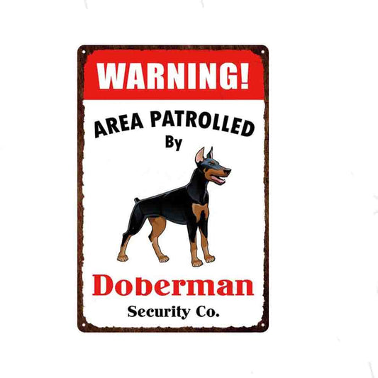 DOBERMAN PLAQUE WARNING AREA PATROLLED BY DOBERMAN 