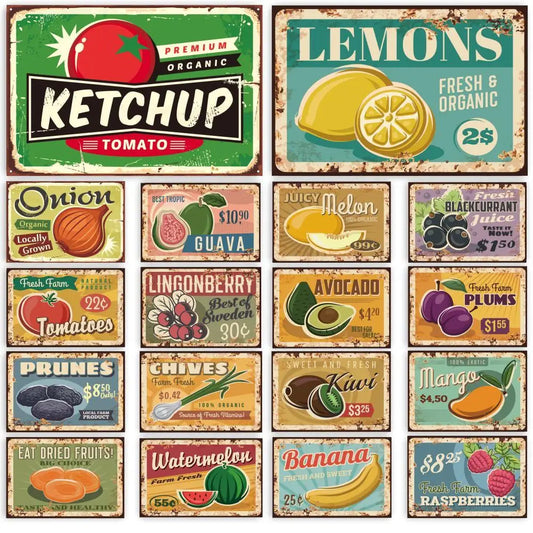 Carteles Vintage de ketchup de frutas y verduras, placa de letrero de estaño de Metal, decoración del hogar para cocina, restaurante, platos decorativos para el hogar