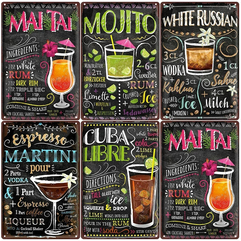 Spanish Blackboard Style Classic Cocktail Metal Sign Plaque, Vintage Poster Decoration for Bar, Pub, Club, Home Wall Decor